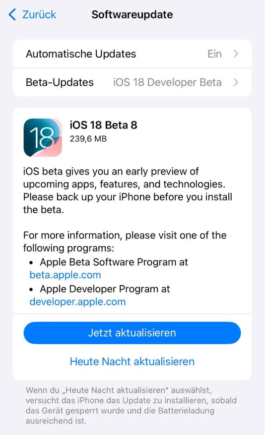 建阳苹果手机维修分享苹果 iOS / iPadOS 18 开发者预览版 Beta 8 发布 